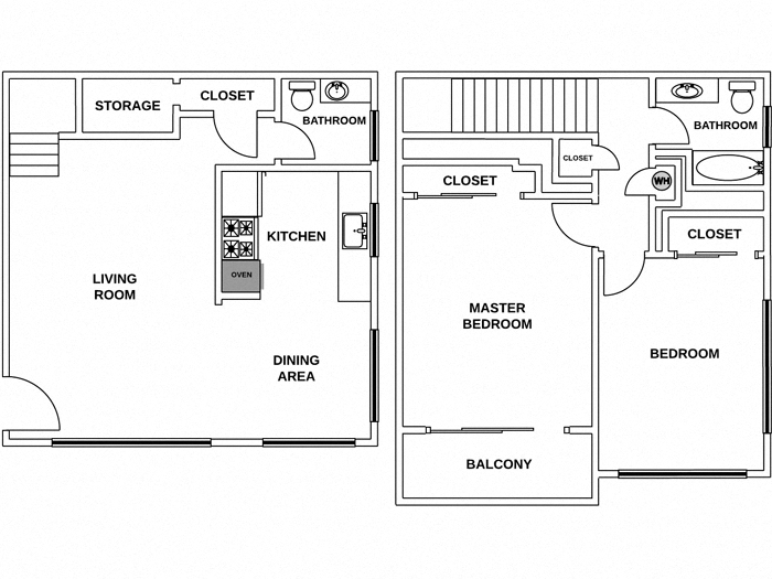 Floor plan for 2 beds, 1.5 baths, 1025 sqft